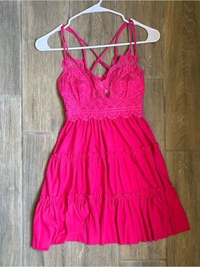 Zenana Hot Pink Lace Tiered Sundress